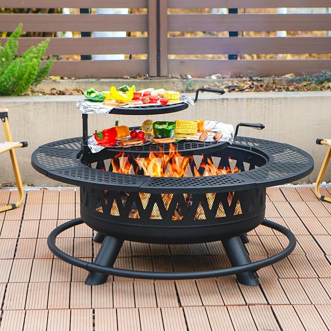 42 Inch Fire Pit with 2 Grills, Large Outdoor Firepits for Outside, Wood Burning Fireplace for Camping,Picnic,Bonfire, 3-in-1 Round Metal Table with Lid for Backyard,Patio,Party