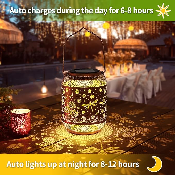Solar Lanterns Outdoor Waterproof Dragonfly Garden Decor Birthday Gifts for Women Mom Grandma Hanging Solar Lights Metal Decoration Outside for Yard, Patio, Backyard, Porch, Pathway