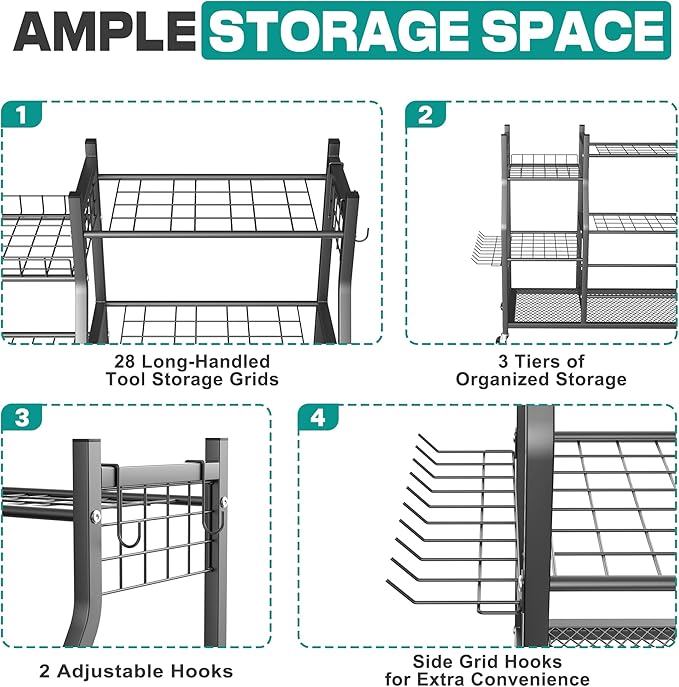 EVERHANGER Garden Tool Organizer Stand, Garage Tool Storage Organization, Yard Tool Racks with lockable wheels, Fit for Long-Handled Tools/Rakes/Brooms