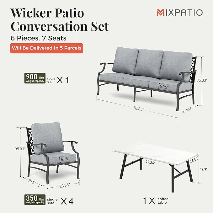 Patio Furniture Set 6 pcs, Outdoor Patio Furniture, 1 X 3-Seat Sofa, 4 X Single Chairs, 1 X Coffee Table and 5.75" Extra Thick Cushion, Patio Conversation Set,Grey