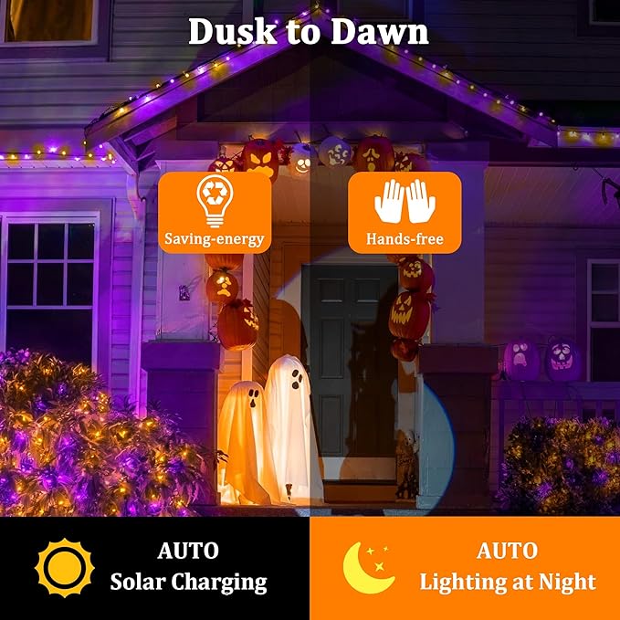 2-Pack 200FT Halloween Solar String Lights for Outside, 600 LED Extra-Bright Solar Light Outdoor with 19 Modes & Timer, Waterproof Fairy Solar Lights for Garden Patio Tree Decorations Orange & Purple