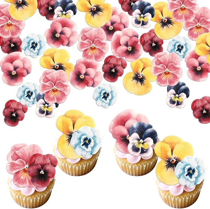 60 PCS Edible Flowers Cake Toppers Wafer Paper Flowers Cupcake Toppers Pansies Wedding Bridal Engagement Edible Flower Cake Decorations for Baby Shower Birthday Party Cake Food Decorations Supplies