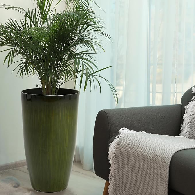 Worth Garden 20" H. Large Plastic Planters - Set of 2 Gradient Green Glossy Smooth Finish - Tall Plant Pots for Indoor & Outdoor Use - Decorative Lightweight Flower Pots for Front Porch, Patio, Deck