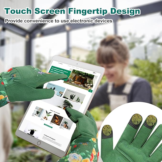 DLY Gardening Gloves,Leather Rose Gloves,Women's Long Glove for Gardening Work and Yard Work,Durable and Comfortable(Small, Green