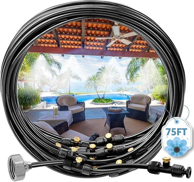 MIXC Misters for Outside Patio, 75FT (23M) Misting Line+23 Mist Nozzles+3/4" Brass Adapter, Outdoor Misting Cooling System for Patio Backyard Garden Greenhouse Horse Corral