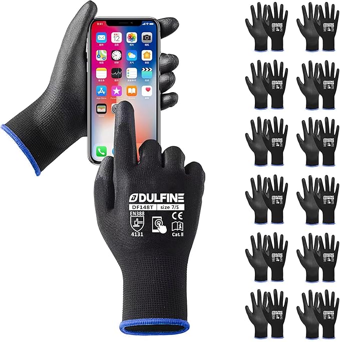 DULFINE Safety Work Gloves PU Coated for Men and Women-12 Pairs,Black Seamless Knit Glove with Two Fingers Touchscreen,Ideal for General Duty Work (Small)