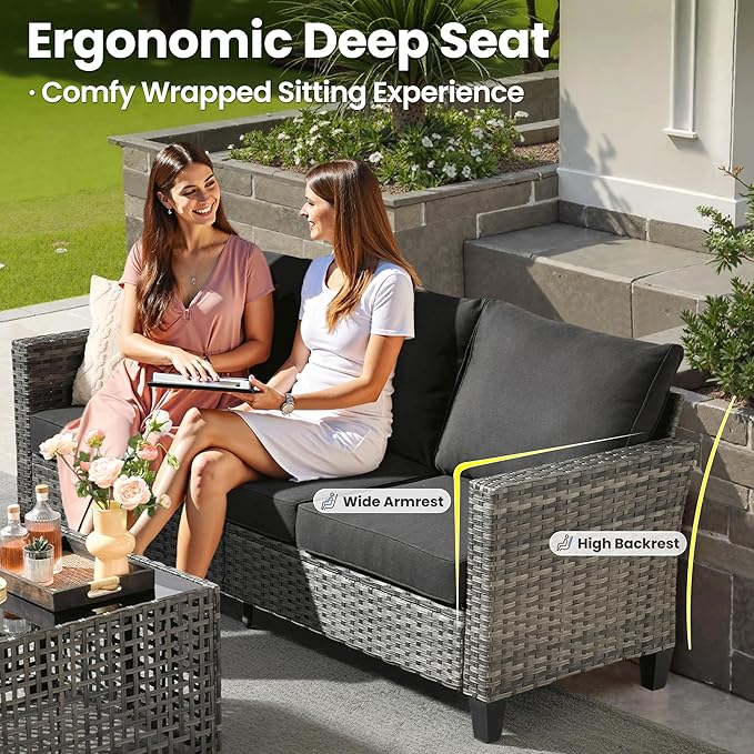 ovios 6 Pieces Patio Furniture Set Outdoor Sofa Couch with Solar Lights Table Comfy Cushions, Modern Deep Seat Wicker Rattan Conversation Set for Porch Deck, Black