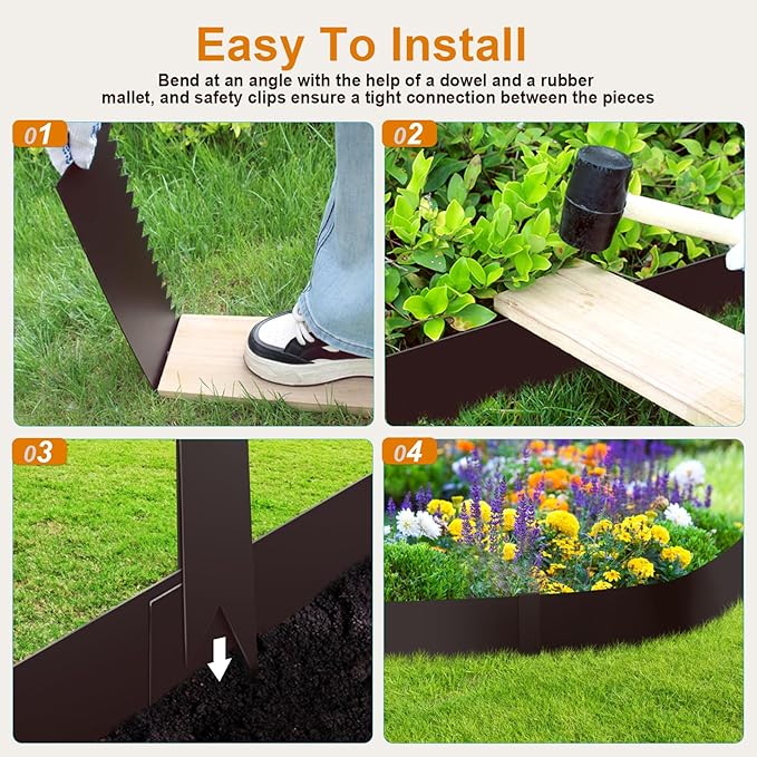 40" L x 6" H Metal Landscape Edging, Heavy Duty Galvanized Steel Garden Edging,6 Pack Steel Landscape Edging with Clips for Lawn, Flower Bed, Yard (Brown)