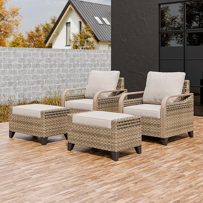 EAGLE PEAK Modern Wicker Outdoor Chair, Patio Chair Curved Armrest, Rattan Patio Furniture for Yard Deck Porch Garden, 2 Chairs 2 Ottomans, 4 Pieces, Brown/Gray