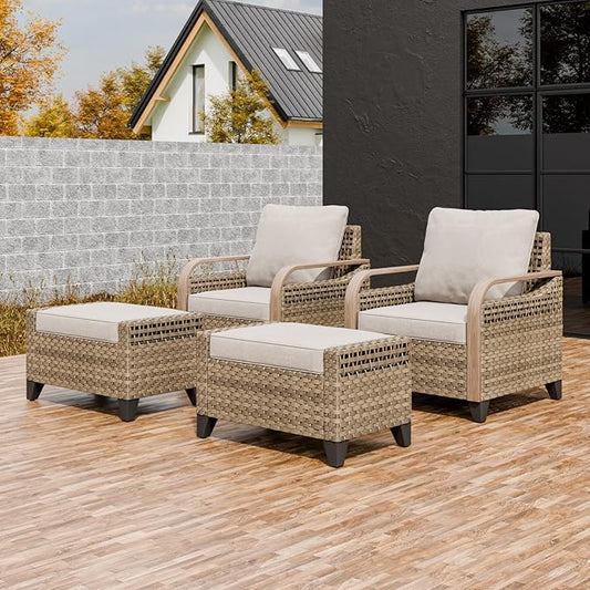 EAGLE PEAK Modern Wicker Outdoor Chair, Patio Chair Curved Armrest, Rattan Patio Furniture for Yard Deck Porch Garden, 2 Chairs 2 Ottomans, 4 Pieces, Brown/Gray