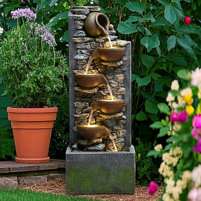 39" Outdoor Garden Water Fountain with Lights 5 Tiers Cascading Large Waterfall Floor Standing Fountain for Patio, Backyard, Deck, Porch and Home Art Decor