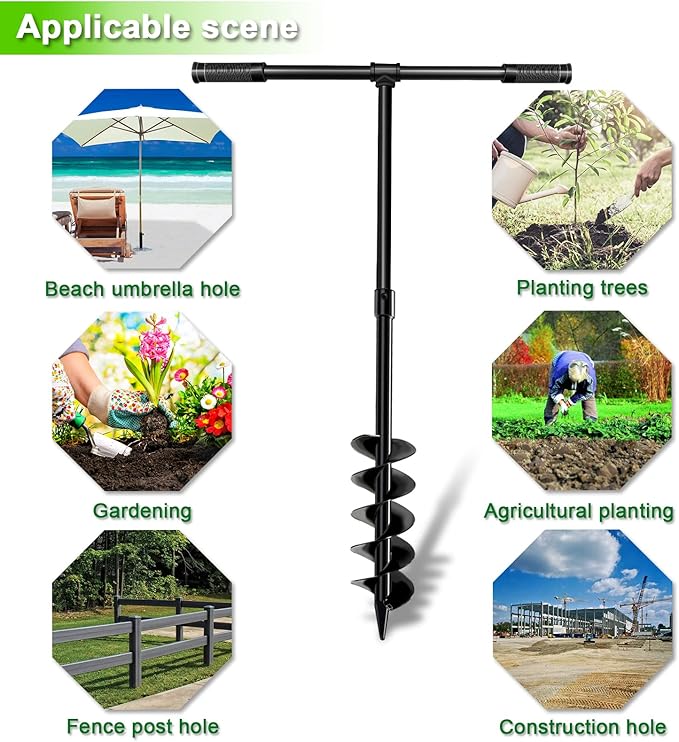 LONGRUN Hand Drill Auger Post Hole Digger, Manual Garden Hole Digging Drill Bit for Planting, Spiral Drill Planter for Bulb, Flower, Tree, Seedlings, Bedding Plants, Umbrella, Fence Holes-4"x 38"