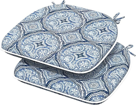 Indoor/Outdoor Chair Cushions 16x17 Inch, Patio Chair Cushions with Ties, All Weather Seat Cushions for Patio Furniture Home Garden Chair Use, Set of 2,Medallion Blue
