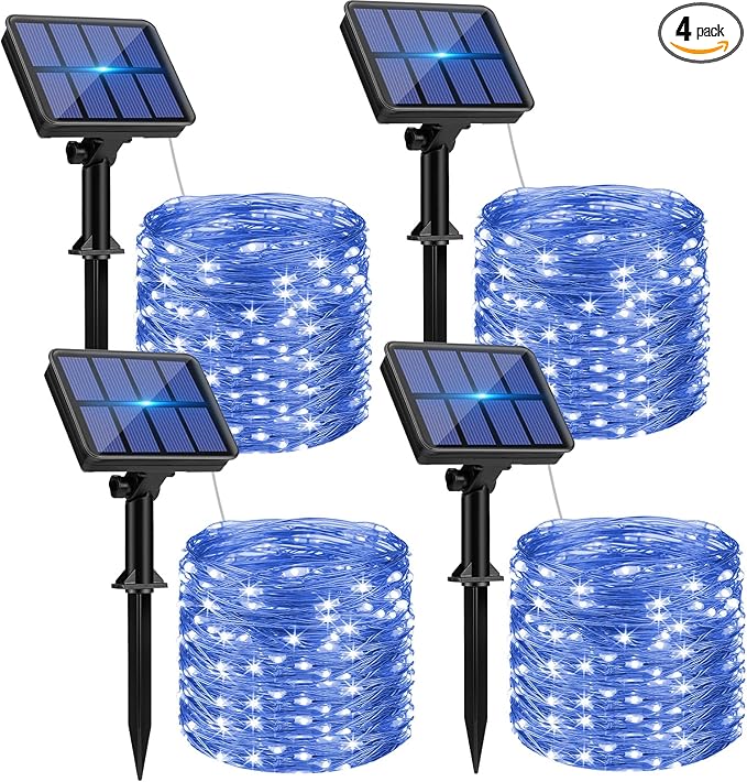 4 Pack Solar String Lights for Outside - 320LED 132FT Solar Fairy Lights Outdoor Waterproof 8 Modes, Copper Wire Solar Powered Twinkle Lights for Tree Garden Christmas Wedding Party Decor, Blue