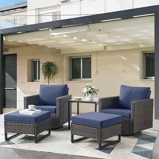 Outdoor Swivel Rocker Chairs - 5 Piece Patio Bistro Set Wicker Patio Rocking Chairs Set with Side Table and Ottomans, 360° Swivel Glider Proch Furniture for Balcony Deck - Brown/Blue