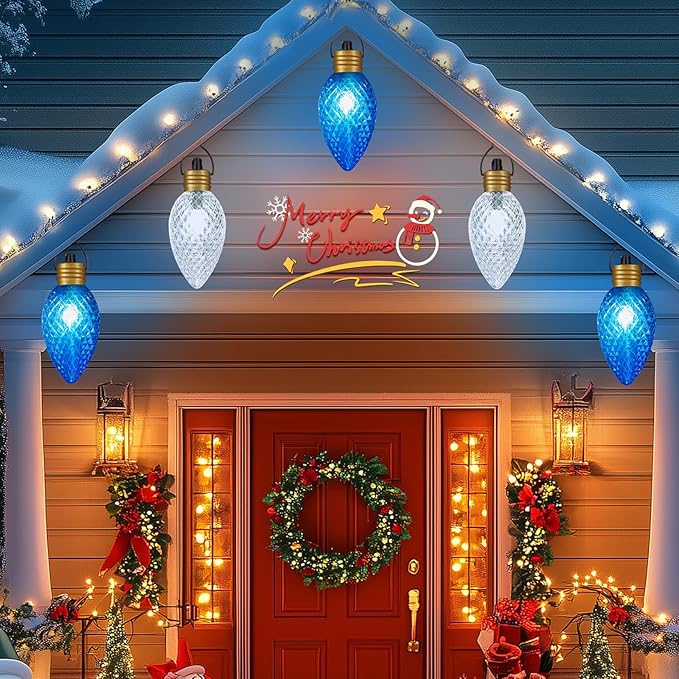 11Feet 5 LED Super Jumbo Christmas String Lights or Pathway Marker Lights, Outdoor Xmas Decorations- Jumbo C9 Hanging Lights Waterproof Lawn Dec for Holiday Home Tree Roof Yard Garden, Blue ＆ White