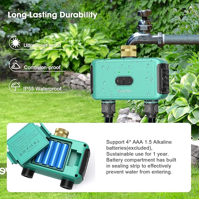 Smart Hose Watering Timer with Wi-Fi Hub, Automate Water & Sprinkler Schedules for Lawn, Garden, & Yard Care, Compatible with Alexa Green-Brass Inlet & Plastics Outlet (2-Outlet)