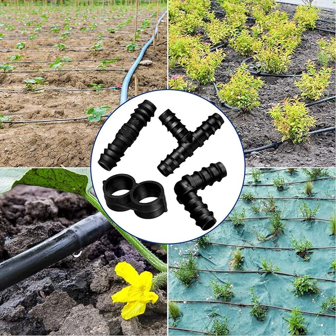 Maitys Irrigation Fittings Kit for Tubing 32 Piece Set, 8 Tees, 8 Couplings, 8 Elbows and 8 End Cap Plugs Barbed Connectors for Drip Sprinkler Systems, Garden, Patio, Lawn or Flower Bed (1/2 Inch)