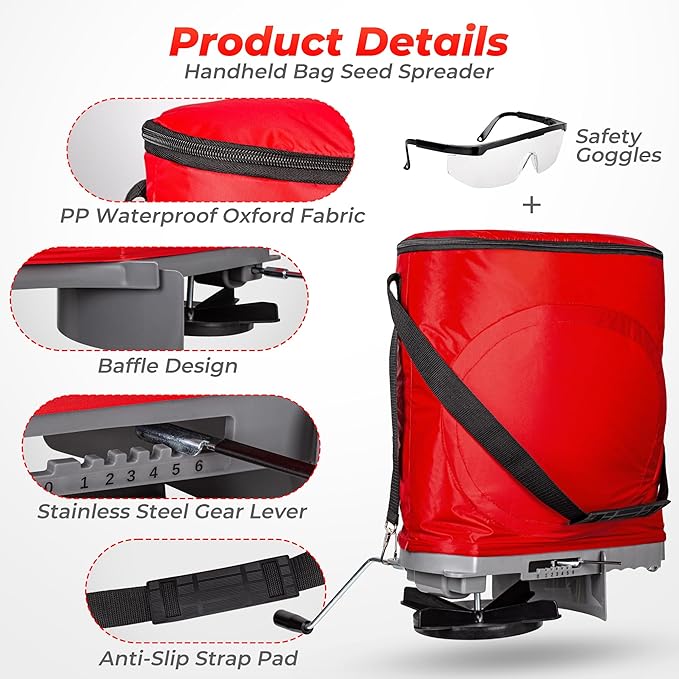 Walensee Handheld Seed Spreader with 25lb Bag, Frame Support, Flow Control, Enclosed Gears, Rear Baffle, Adjustable Strap & Goggles – Bag Seeder for Lawn and Garden, Red