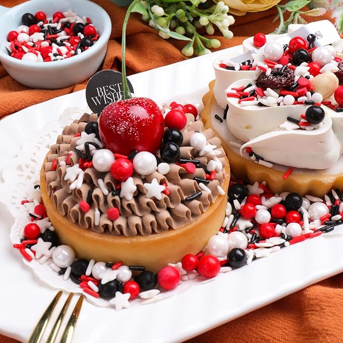 Red White and Black Sprinkles for Cake Decorating, Edible Sprinkle Mix, Perfect for Cake Decorations, Baking, Ice Cream, Cookies, Cupcake Toppers