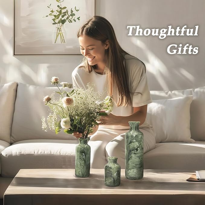 Resin 3 Piece Vase Set, Farmhouse Decor, Home Decorative Vase, Vases for Your Kitchen, Bedroom, Office, Living Room, Bathroom, & Shelf Centerpiece Table Decorations, Green