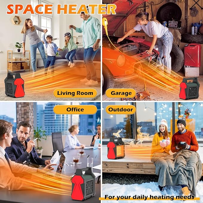 1500W PTC Electric Space Heater with Overheat & Tip-Over Protection, Portable Indoor Outdoor Heater with 3 Modes, Small Fan, Quiet for Bedroom, Garage, Patio