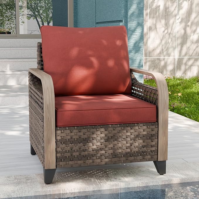 EAGLE PEAK Modern Wicker Outdoor Chair, Patio Chair Curved Armrest, Rattan Patio Furniture for Yard Deck Porch Garden, 1 Chair, Brown/Red