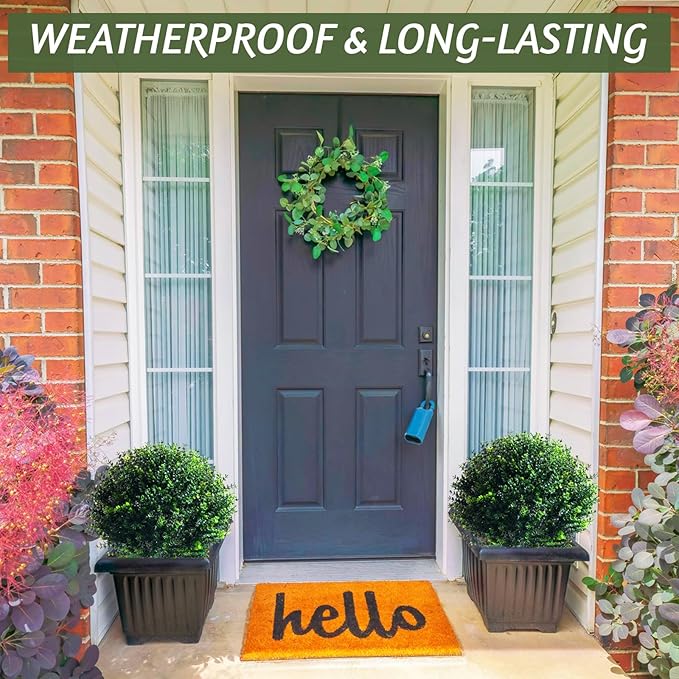 Yunlly 6 Pcs 18 Inch Artificial Boxwood Ball Topiary Tree Fake Outdoor Plants Bush, UV Resistance Faux Shrubs with Spike Realistic Greenery Potted for Indoor Garden Yard Porch Patio Decor (Dark Green)