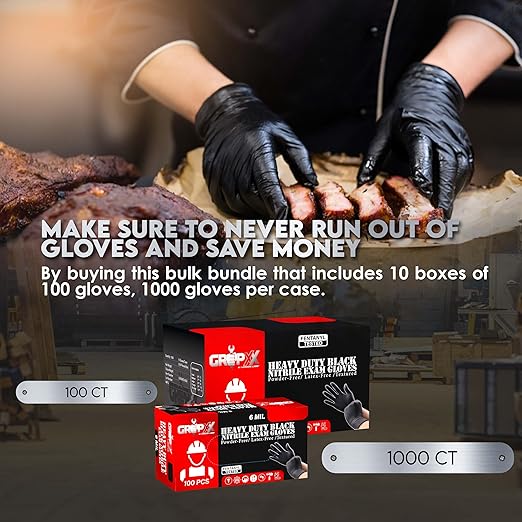 Heavy Duty 6 Mil Black Nitrile Gloves - Disposable, Latex & Powder Free | Mechanic, Food Prep & Tattoo | Rubber Gloves for Cooking, Cleaning & Household |Bulk Case of (1000)