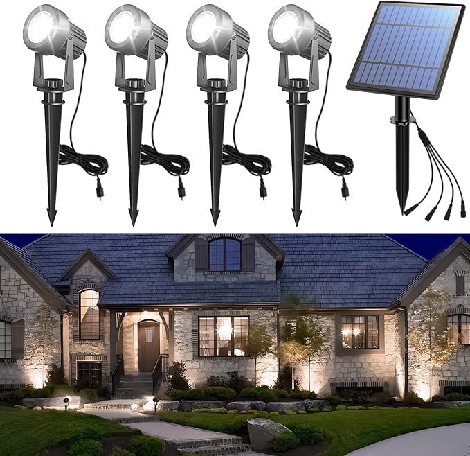 APONUO Solar Spot Lights Outdoor 4-in-1 Solar Landscape Lighting Dusk to Dawn Solar Uplights IP65 Waterproof 9.8ft Cable Outdoor Spot Lights for Yard Pathway Garden Tree Decoration (Cool White)