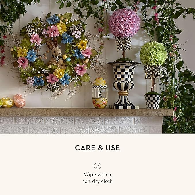 MACKENZIE-CHILDS Pedestal Tabletop Urn, Decorative Centerpiece for Table, Mantel, or Shelf, Tall, Black-and-White Courtly Check