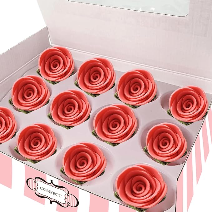 Confect Edible Coral Rose Cake Toppers | Handmade Edible Roses for Cakes, Cupcakes & Donuts | Floral Sugar Decorations for Wedding, Birthday & Festive Desserts – Pack of 12