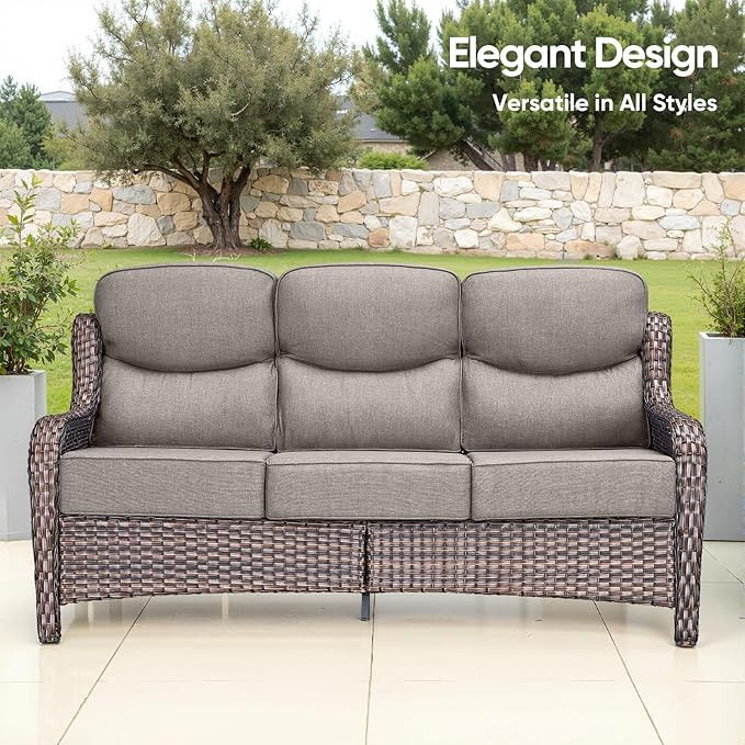 Swivel Patio Chairs sofa Set of 6 - 6" Thick Cushion - Wicker Outdoor Swivel Rocker Patio Chair ,Sofa/Glass coffee table, High Back Comfortable Outdoor Glider Chairs - Brown Wicker Grey Cushions