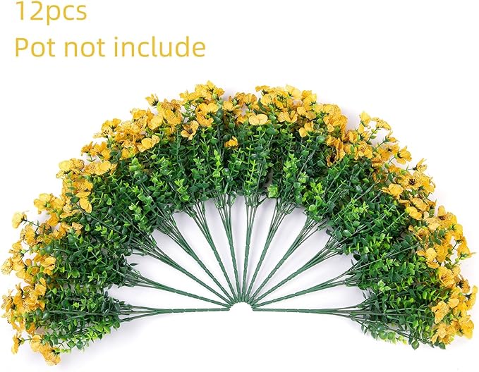 Artificial Fall Flowers Faux Mums for Outdoor Indoor Garden Home Decoration, Faux Flower Daisy with Eucalyptus Leaves Fake Plants Greenery Boxwood Porch Patio, 12 Bundles (Yellow)