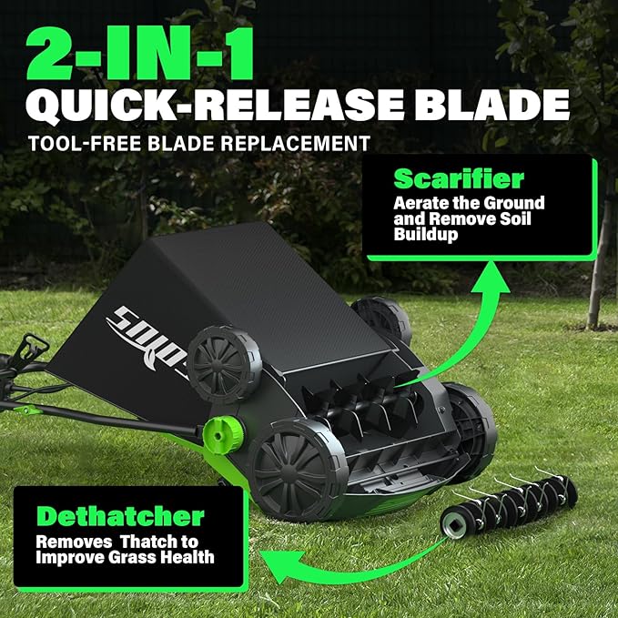 SOYUS 15-Inch 13-Amp Electric Dethatcher and Scarifier with 45L Removable Thath Collection Bag, Corded Lawn Dethatcher with 5-Position Depth Adjustment, Quick-Fold, Increases Lawn Health