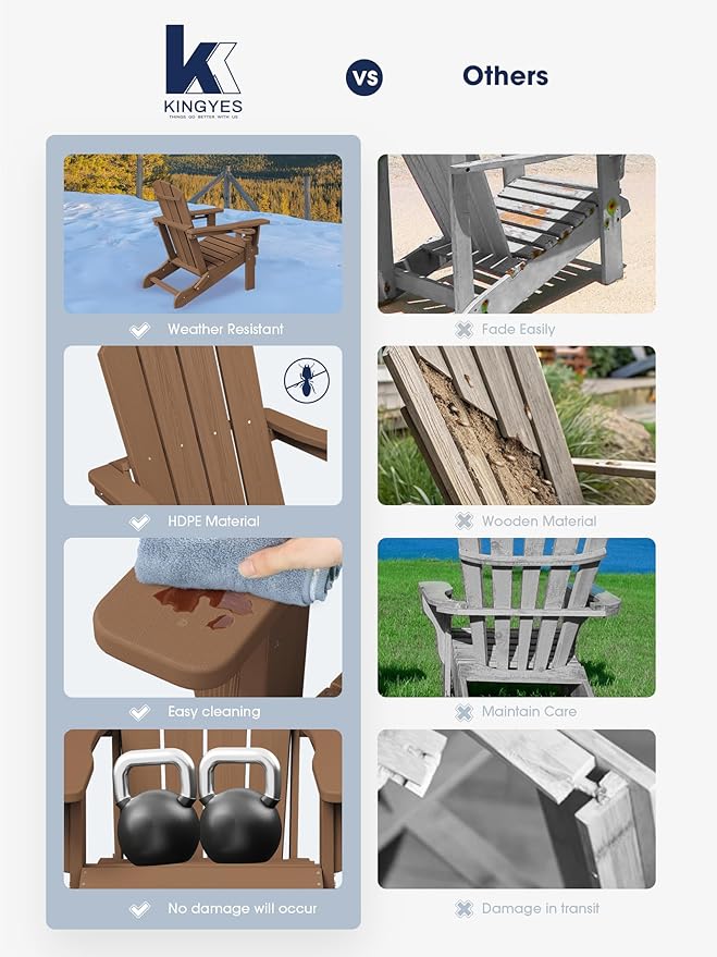 KINGYES Folding Adirondack Chair Set of 6, Dual Cup Holders & All-Weather HDPE, Wood-Like Patio Chair for Backyard, Camping, Pool & Fire Pit, Brown