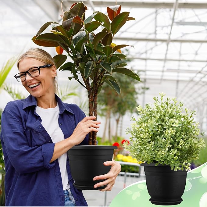 12 Pack 10'' Plastic Plant Pots Round Planter Pots with Saucer Tray Seedling Pot Hole Seed Resin Plant Pot Starting Nursery Flower Container with Pallet for Garden Outdoor Indoor(Black)