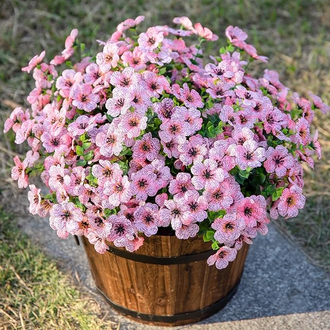 Artificial Flowers for Outdoor Indoor Garden Home Decoration, Faux Flower Daisy with Eucalyptus Leaves Fake Plants Greenery Boxwood Porch Patio, 12 Bundles (Pink)