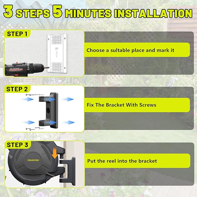 Retractable Garden Hose Reel 160Ft Extra Long, PHLEX PRO Heavy Duty Automatic Water Hose Reel Wall Mounted with 10 Pattern Nozzle, Any Length Lock, Slow Return System, 180°Swivel Bracket