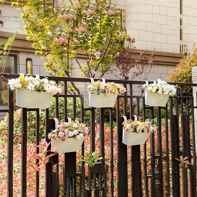 5 Pack Metal Hanging Flower Pots for Railing Fence，Outdoor Balcony Rail Planter with Garden Tools Detachable Hooks Drainage Holes for Deck Garden Home Decor White