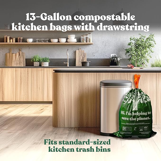 Healthy Earth 13 Gallon Compostable Trash Bags – Tall Kitchen Garbage Bags with Drawstring Handles, Extra Thick Plant-Based Liners, BPI & TÜV Certified ASTM D6400, Heavy Duty Leak-Proof (60 Count)