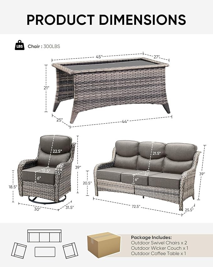 HUMMUH 6 inch Thick Cushion Wicker Patio Furniture Set with Outdoor Swivel Rocker Patio Chairs,High Back Outdoor Couch and Coffee Table for Porch Garden Deck