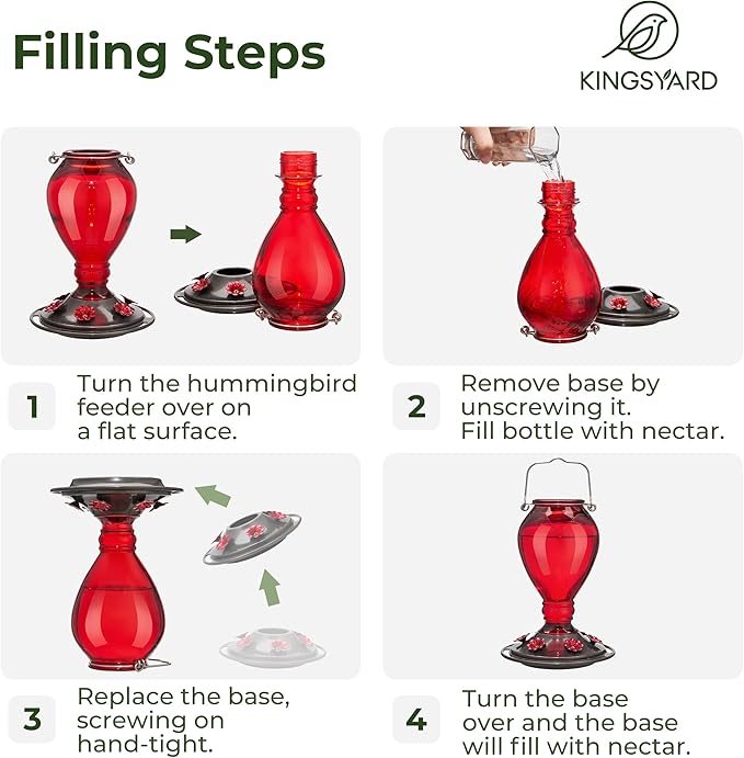 Kingsyard Glass Hummingbird Feeder - 6 Bee Guard Feeding Ports & Ant Moat, 24 oz Leak Proof, Wild Bird Feeder for Outdoors Hanging, Easy to Clean & Refill, Garden Yard Décor, Red