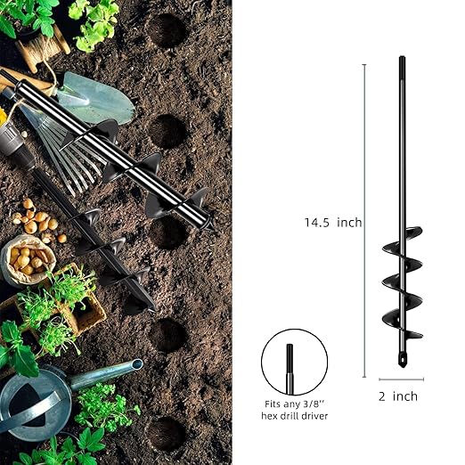Garden Auger Drill Bit for Planting 2x14.5, Spiral Ground Auger Drill for 3/8" Hex Drive Drill, Bulb and Flower Planter Tool