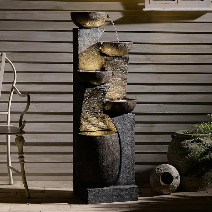 51.4" H Outdoor Garden Water Fountain for Garden, Patio, Backyard, Deck, Porch and Home Art Decor, 5 Tiers Modern Cascading Large Outdoor Fountain with Lights