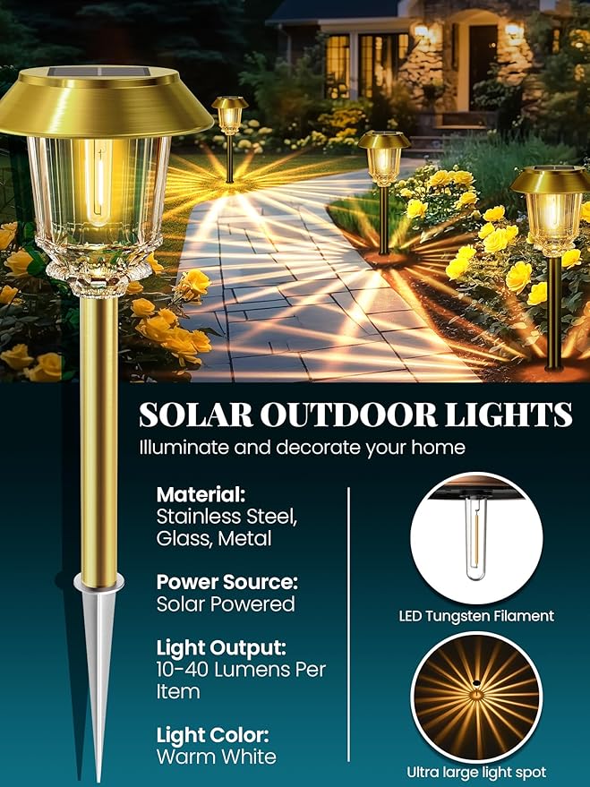 Solar Lights Outdoor Waterproof,4 Pack Gold Pathway Lights with 10-40 LM Dimmable Glass and Metal, Solar Powered Garden Decor for Yard,Patio,Pathway,Driveway(Warm White)