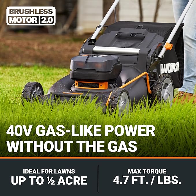 WORX Nitro 40V 21" Cordless Lawn Mower w/Aerodeck & Intellicut, Brushless Electric Mower Up to 1/2 Acre, Push Lawn Mower w/ 7-Position Height Adjustment WG752 – Batteries & Charger Included
