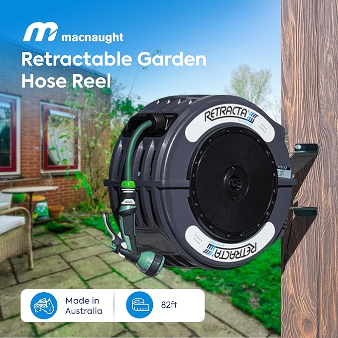 Macnaught Retractable Garden Hose Reel, 82 Ft Water Hose Reel Heavy Duty Retractable Hose with Metal 180° Swivel Rotation Bracket for Wall Mount - Gray