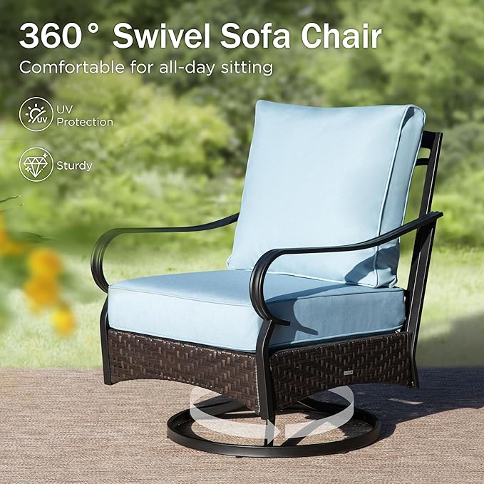 Patio Furniture Set with 32" Fire Pit Table, Patio Conversation Sets 4 Swivel Chairs with Thick Cushion and 50000 BTU Fire Pit Table (5 Pieces,Blue