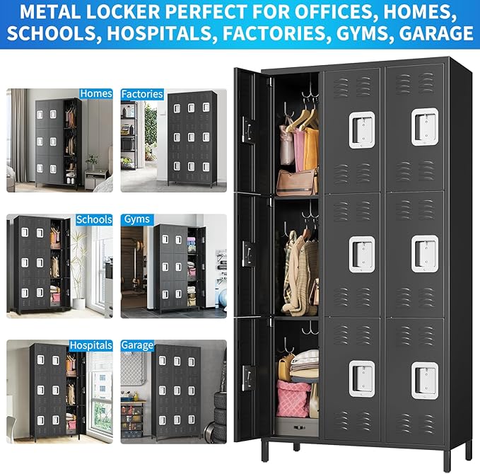 72" Metal Lockers for Employees with 9 Door, Black Metal Storage Cabinet with 27 Hooks, Industrial Locker, Assembly Required, for Gym, School, Classroom, Home, Office, Industrial